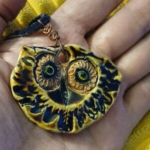 Vintage One Of A Kind Handmade Owl Face Pendant Necklace Vintage
